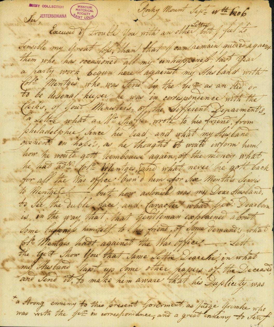 Brief unterzeichnet Gertrude Joan Senf, Rocky Mount, an Thomas Jefferson, 11. September 1806 von Gertrude Joan Senf