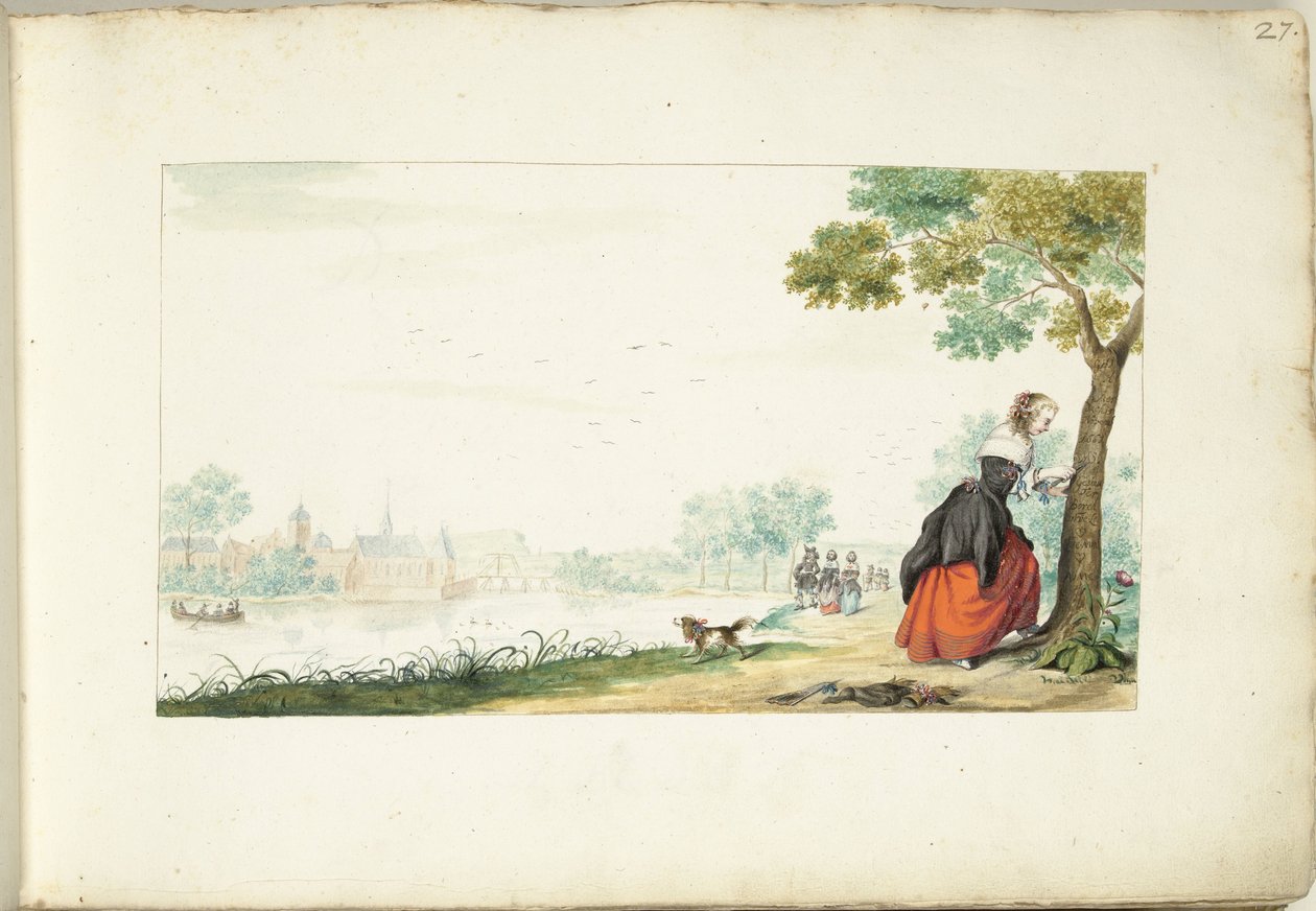 Frau, die Namen in einen Baum ritzt von Gesina ter Borch (signed by artist)
