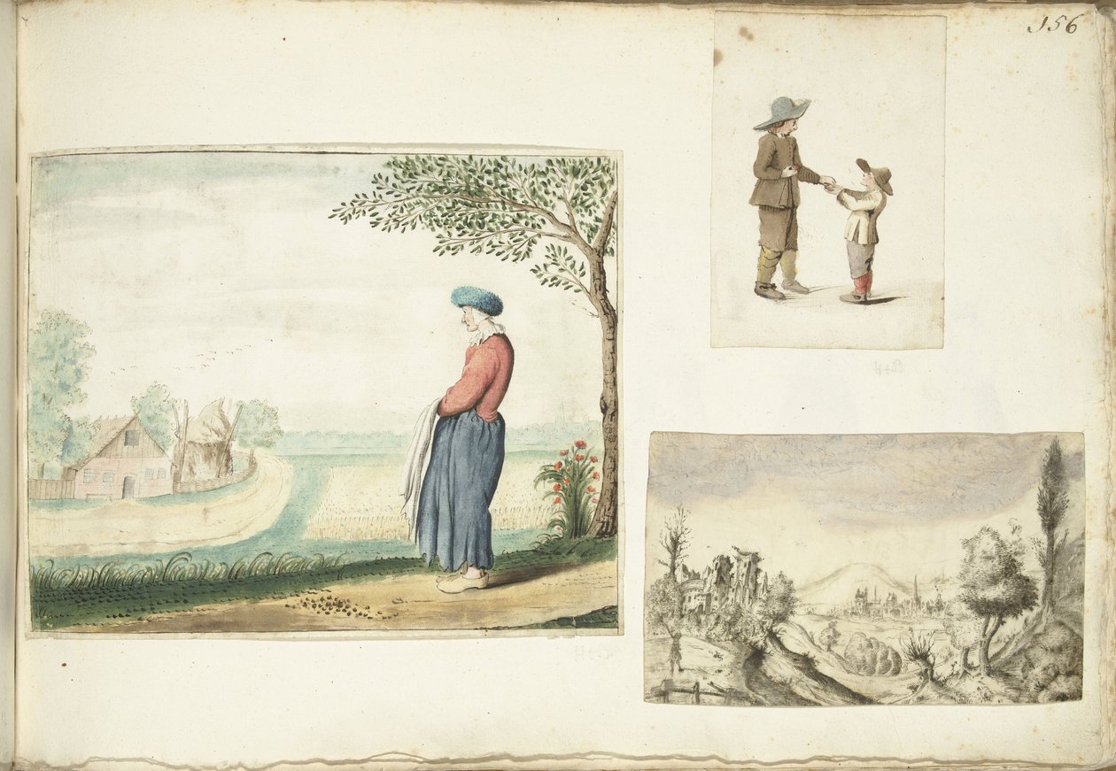 Bäuerin, Jungen mit Äpfeln und eine hügelige Landschaft von Gesina ter Borch