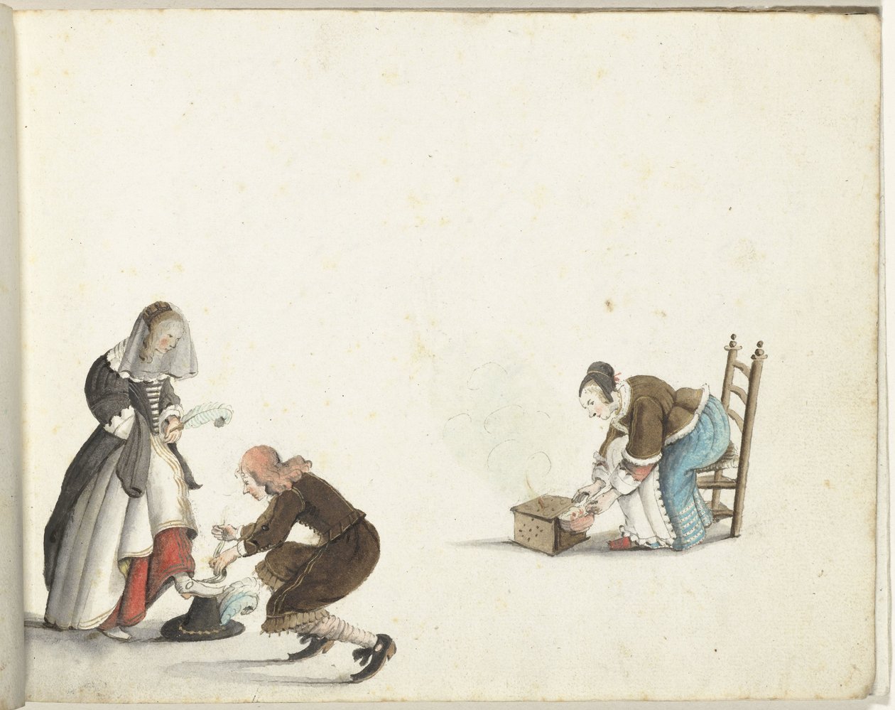 Herr bindet einer Dame den Schuh und eine Frau macht Feuer in einem Ofen von Gesina ter Borch