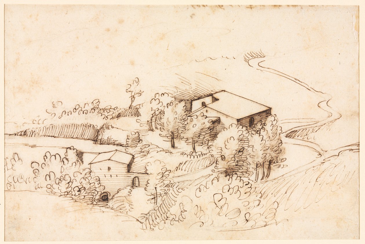 Bauernhof mit Bäumen in hügeliger Landschaft (Rückseite) von Gherardo Cibo