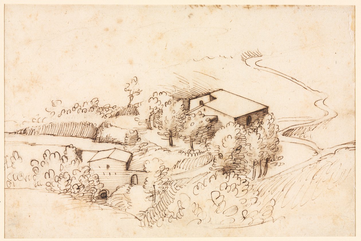 Bauernhof mit Bäumen in einer hügeligen Landschaft, 1567 von Gherardo Cibo