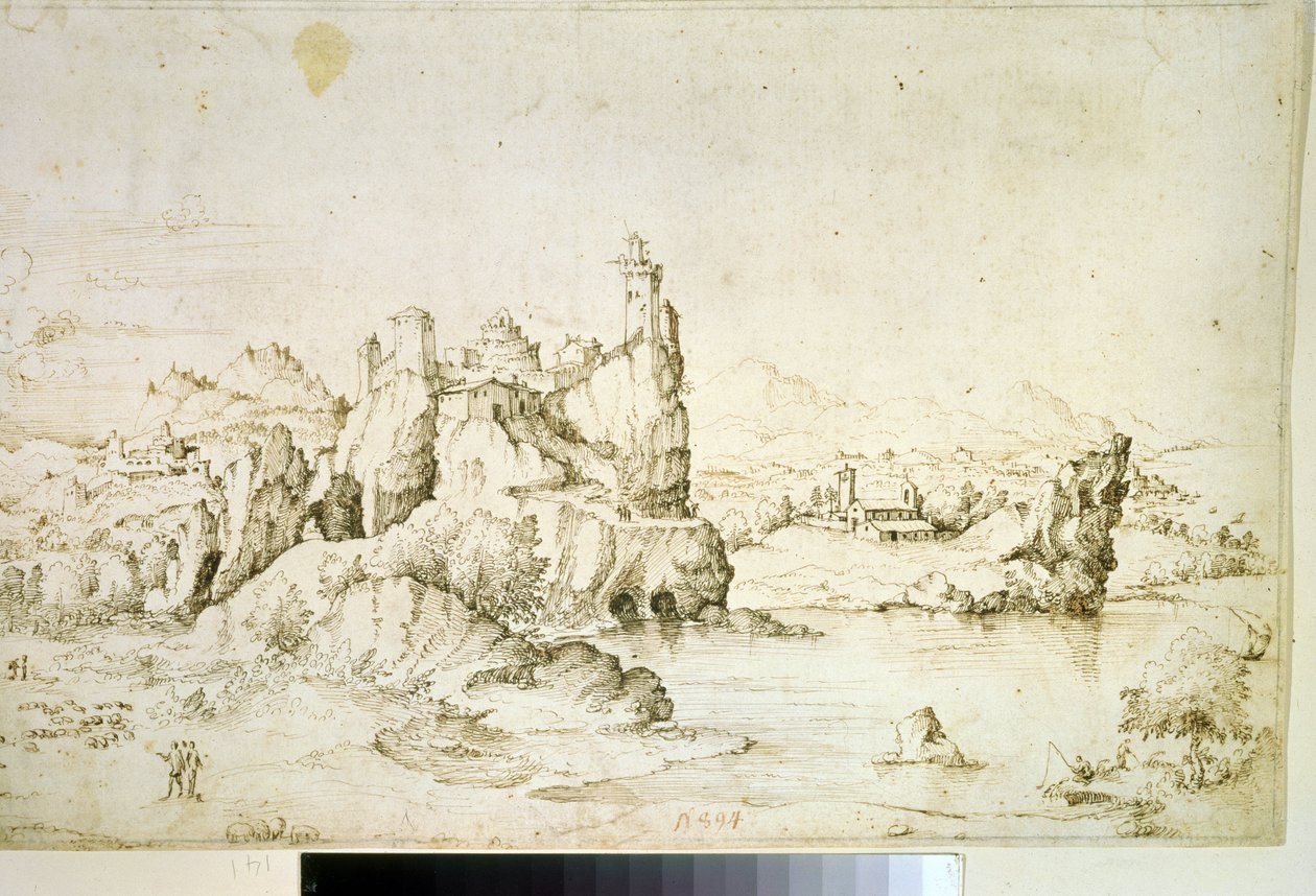 Eine Burg auf einem Felsen in einer Berglandschaft von Gherardo Cibo