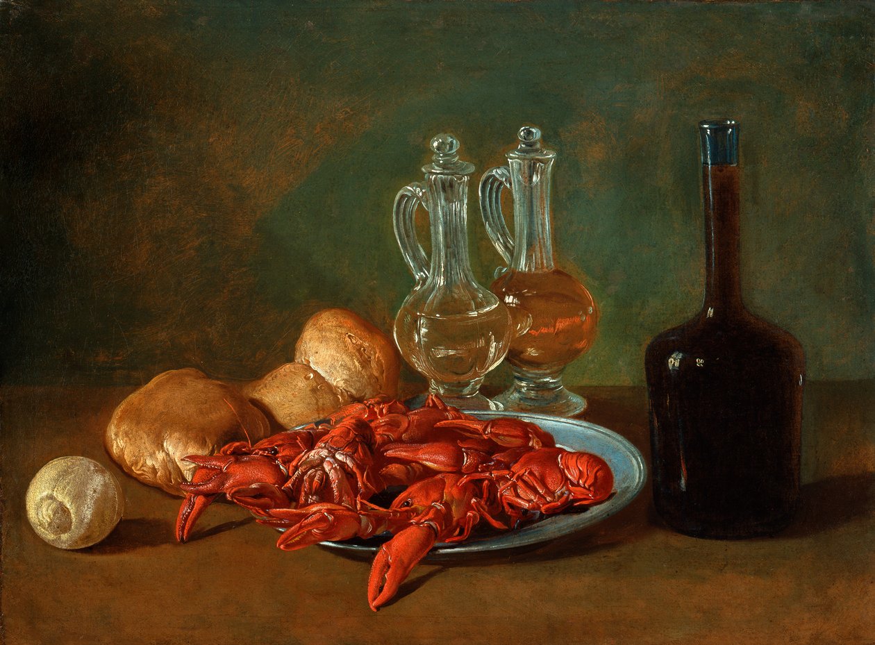 Stillleben mit Zinnteller, Garnelen, einer Zitrone, Glaskaraffen, Brot und einer Flasche Wein von Giacomo Ceruti