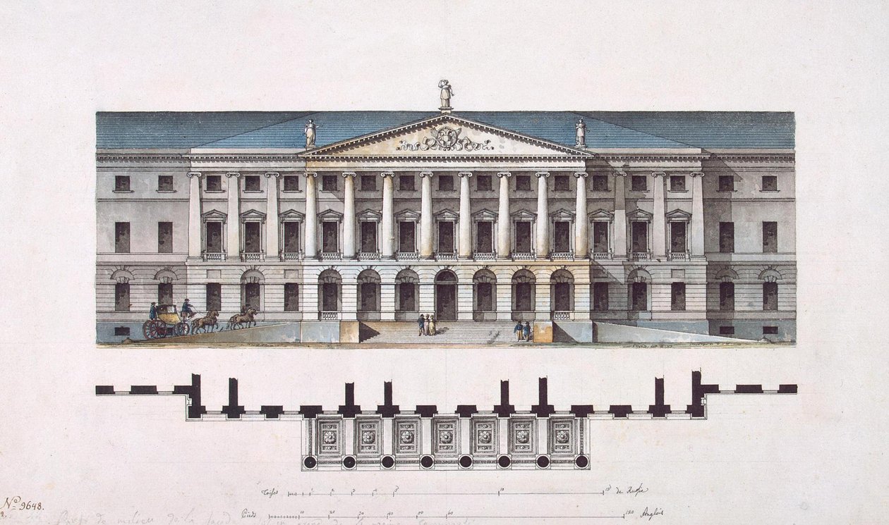 Projekt des Smolny-Instituts. Die Hauptfassade und der Grundriss des Erdgeschosses, 1806-1808 von Giacomo Antonio Domenico Quarenghi
