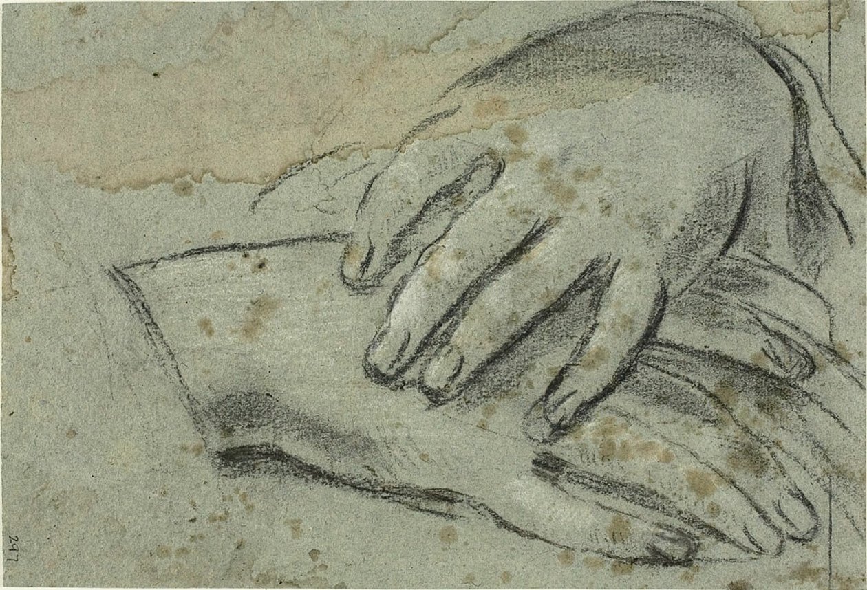 Gekreuzte Hände (Vorderseite); Rechter Fuß, teilweise von Draperie bedeckt (Rückseite) von Giacomo Cavedone