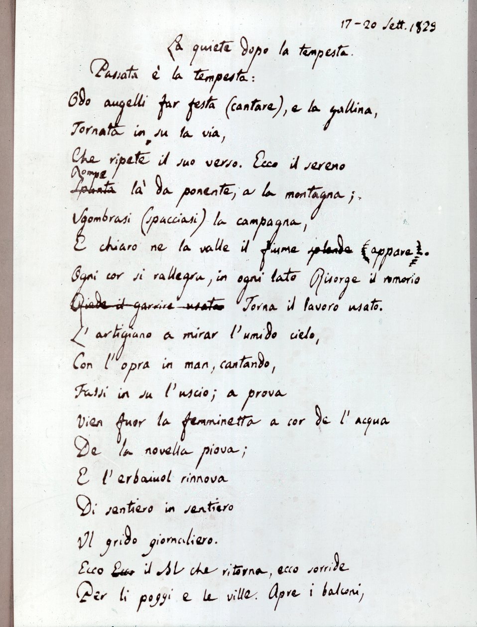 Manuskript seines Gedichts "La quiete dopo la tempesta" von Leopardi, 1829 von Giacomo Leopardi