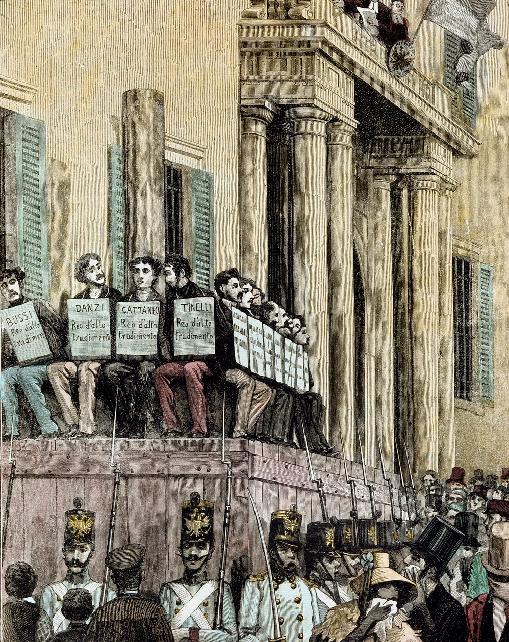 Risorgimento: Mitglieder der Giovine Italia Bewegung (einschließlich Carlo Cattaneo (1801-1869), Tinelli, Danzi, Bussi) vor dem Justizpalast in Mailand, hören das Urteil, das sie 1848 ins Exil verurteilt von Giacomo Mantegazza