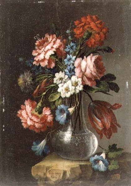 Rosen, Tulpen, Winden und andere Blumen in einer Glasvase von Giacomo Nani