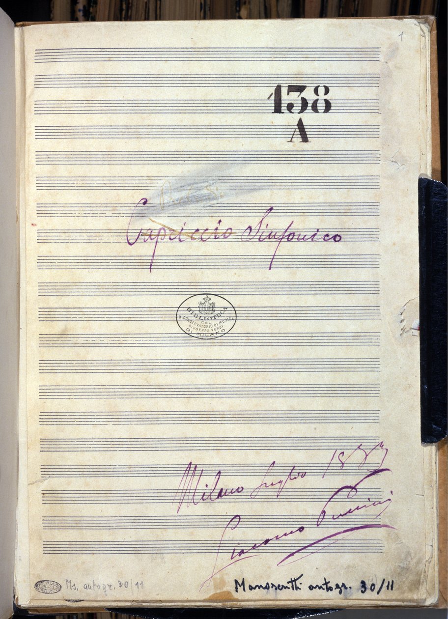 Manuskript-Notenblatt für „Capriccio sinfonico“ von Giacomo Puccini (1858-1924) 1883. Biblioteca del Conservatorio Giuseppe Verdi, Mailand von Giacomo Puccini