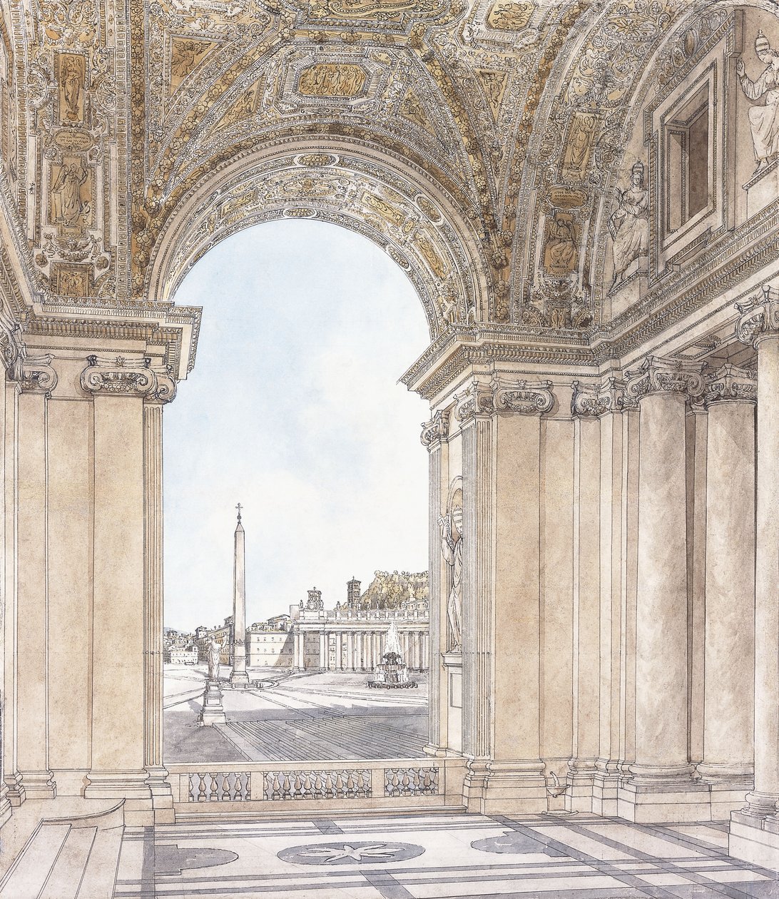 Ansicht der Piazza San Pietro, Rom, Blick nach Süden vom Portikus der Basilika, vor 1779 von Giacomo Quarenghi