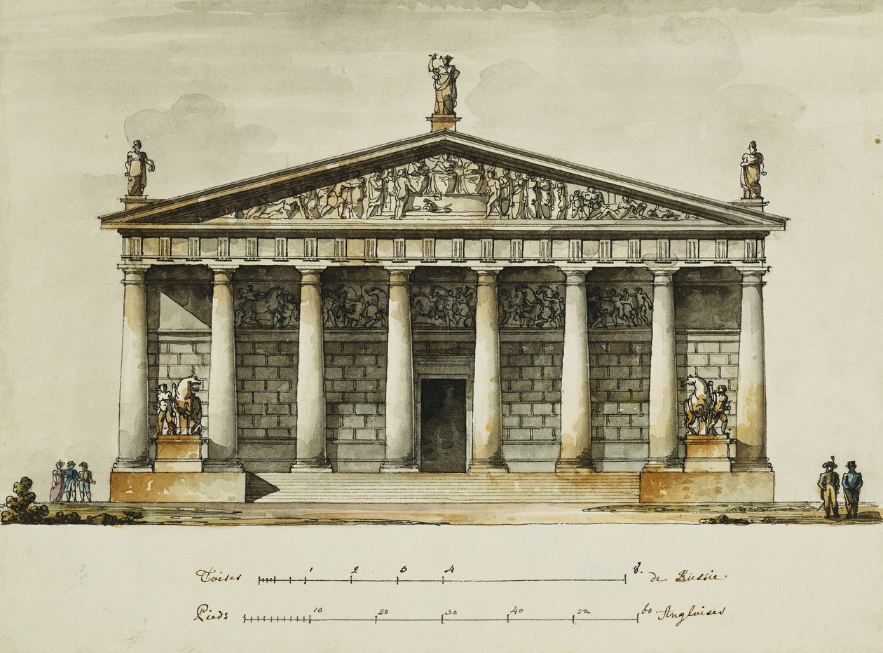 Entwürfe für die Reitschule der Horse Guards, St. Petersburg: Ansichten, Schnitt und Grundriss von Giacomo Quarenghi