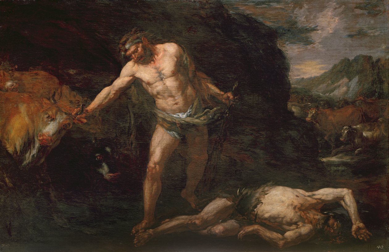 Herkules tötet den Riesen Cacus und stiehlt das Vieh von Geryon zurück von Giambattista Langetti
