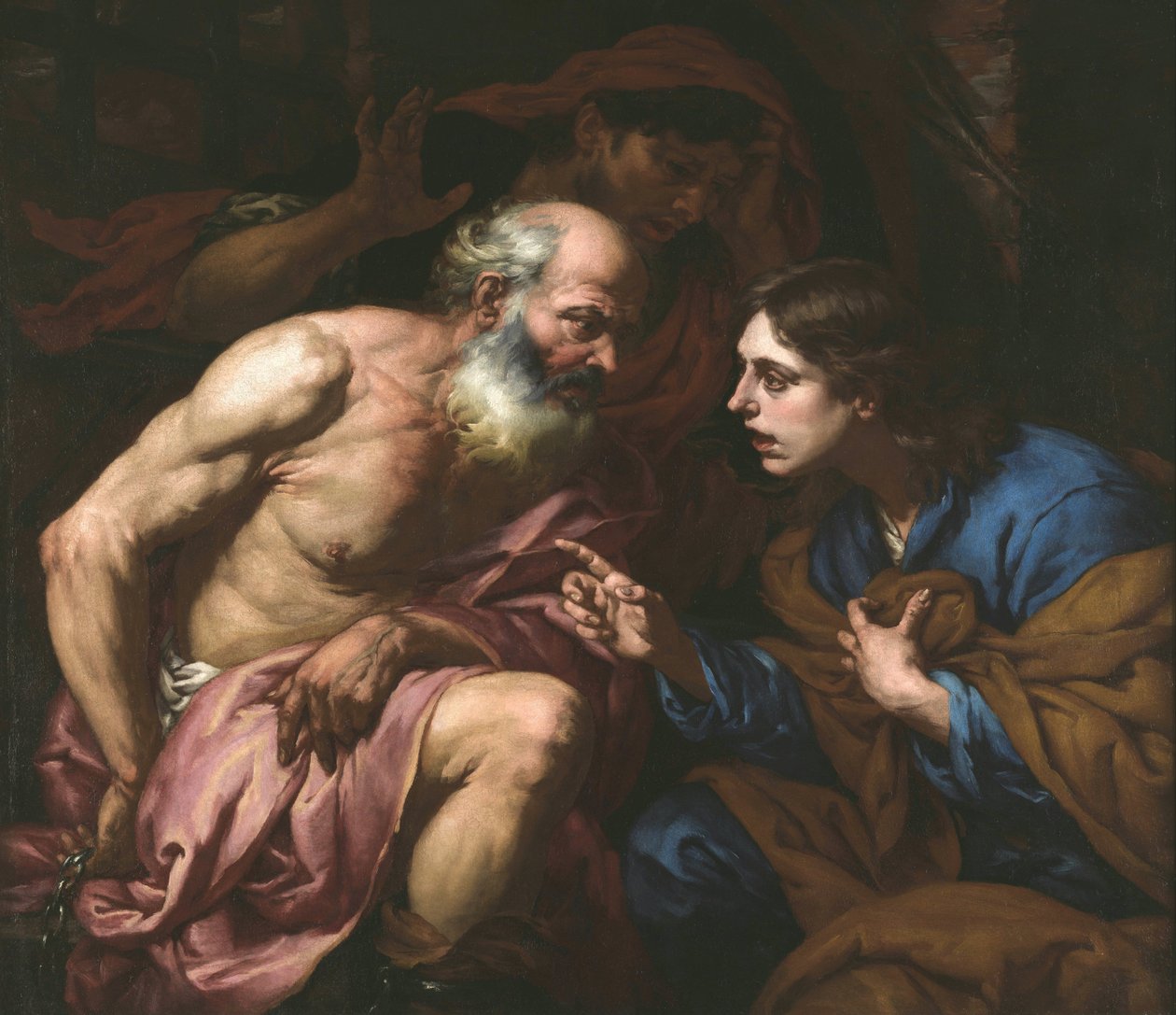 Joseph interpretiert den Traum des Bäckers und des Mundschenks, von Giovan Battista Langetti (1635-1676). Öl auf Leinwand, zwischen 1660 und 1670. Dimension: 109x126 cm. Muzeul National Brukenthal, Sibiu von Giambattista Langetti