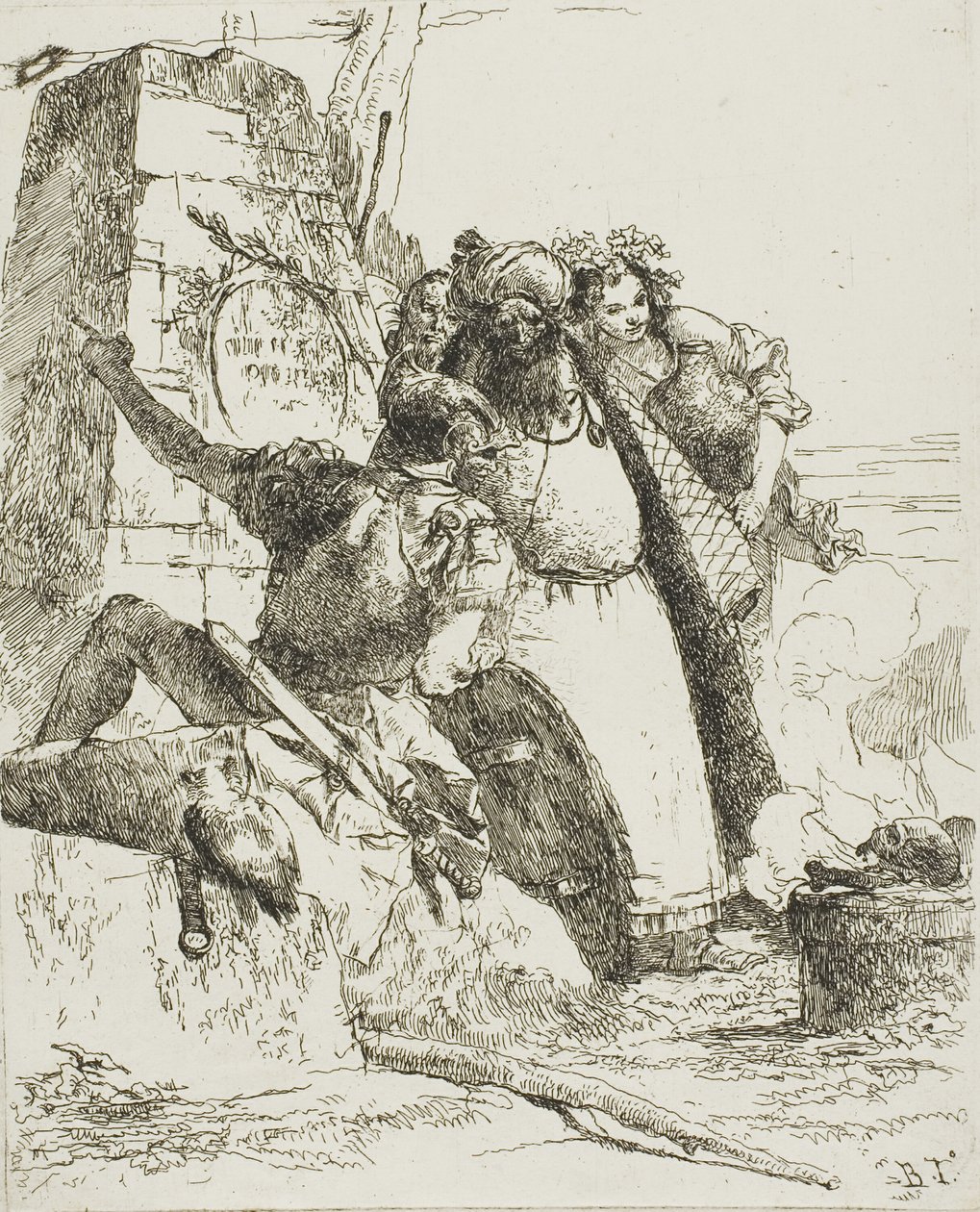 Ein Magier, ein Soldat und drei Figuren, die einen brennenden Schädel beobachten, aus Scherzi von Giambattista Tiepolo