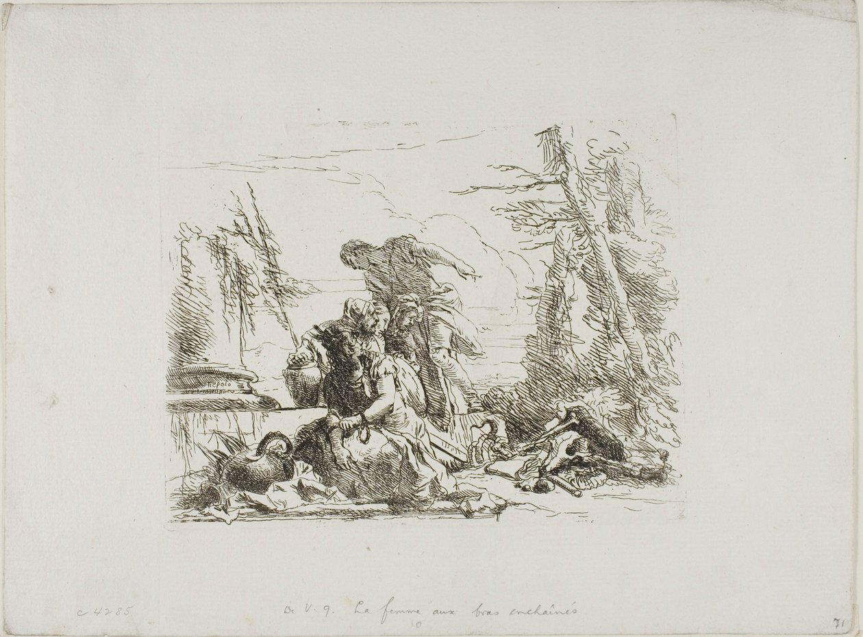 Eine Frau mit gefesselten Armen und vier weitere Figuren, aus Capricci von Giambattista Tiepolo