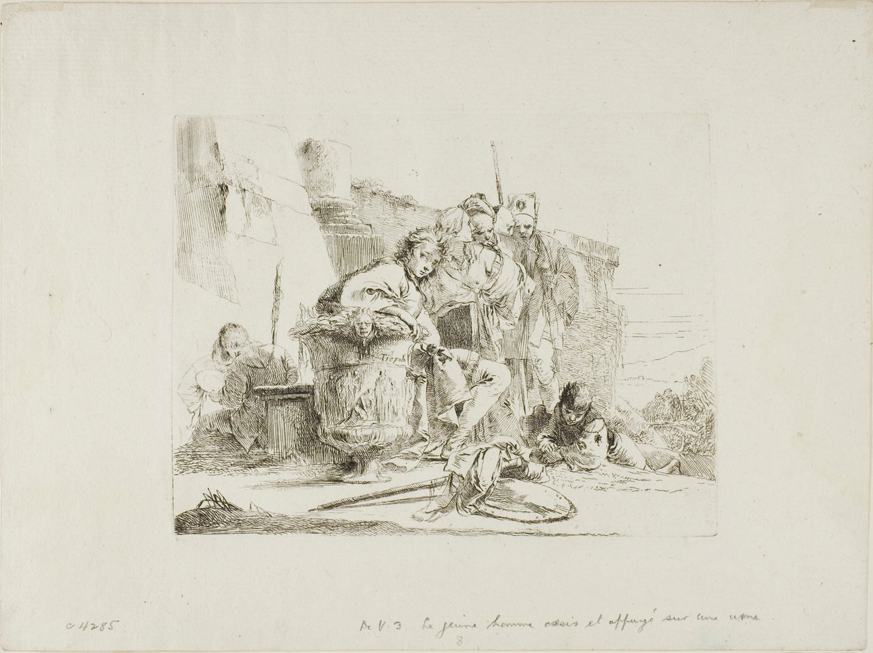 Sitzender Jugendlicher, der sich gegen eine Urne lehnt, aus Capricci von Giambattista Tiepolo