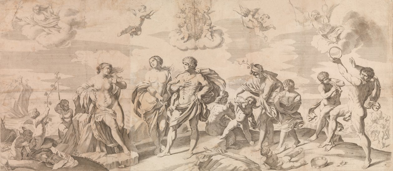 Bacchus mit seinen Gefährten entdeckt Ariadne auf der Insel Naxos, nach Reni, 1650-80 von Gian Battista Bolognini