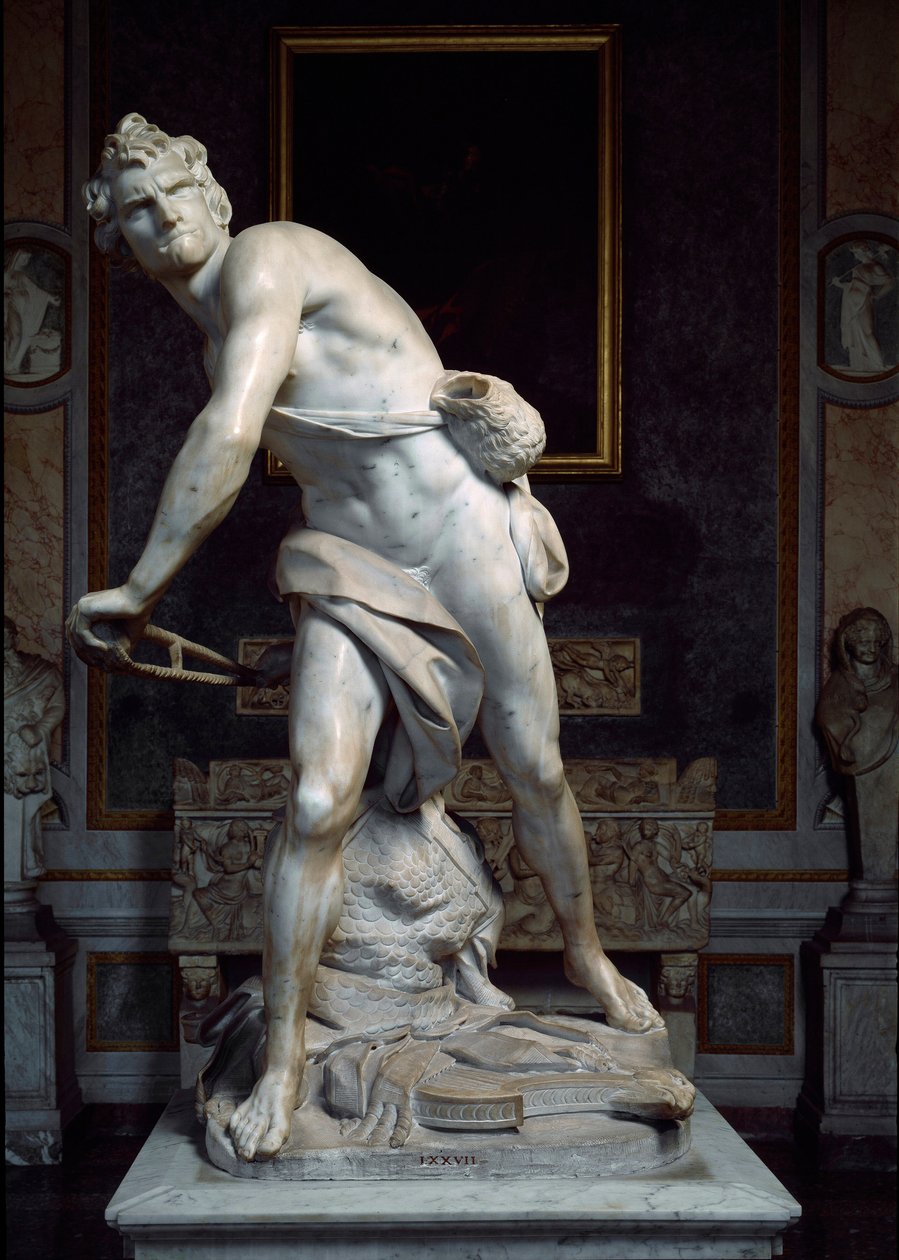 David wirft den Stein der Schleuder. Barockskulptur von Gian Lorenzo Bernini von Gian Lorenzo Bernini