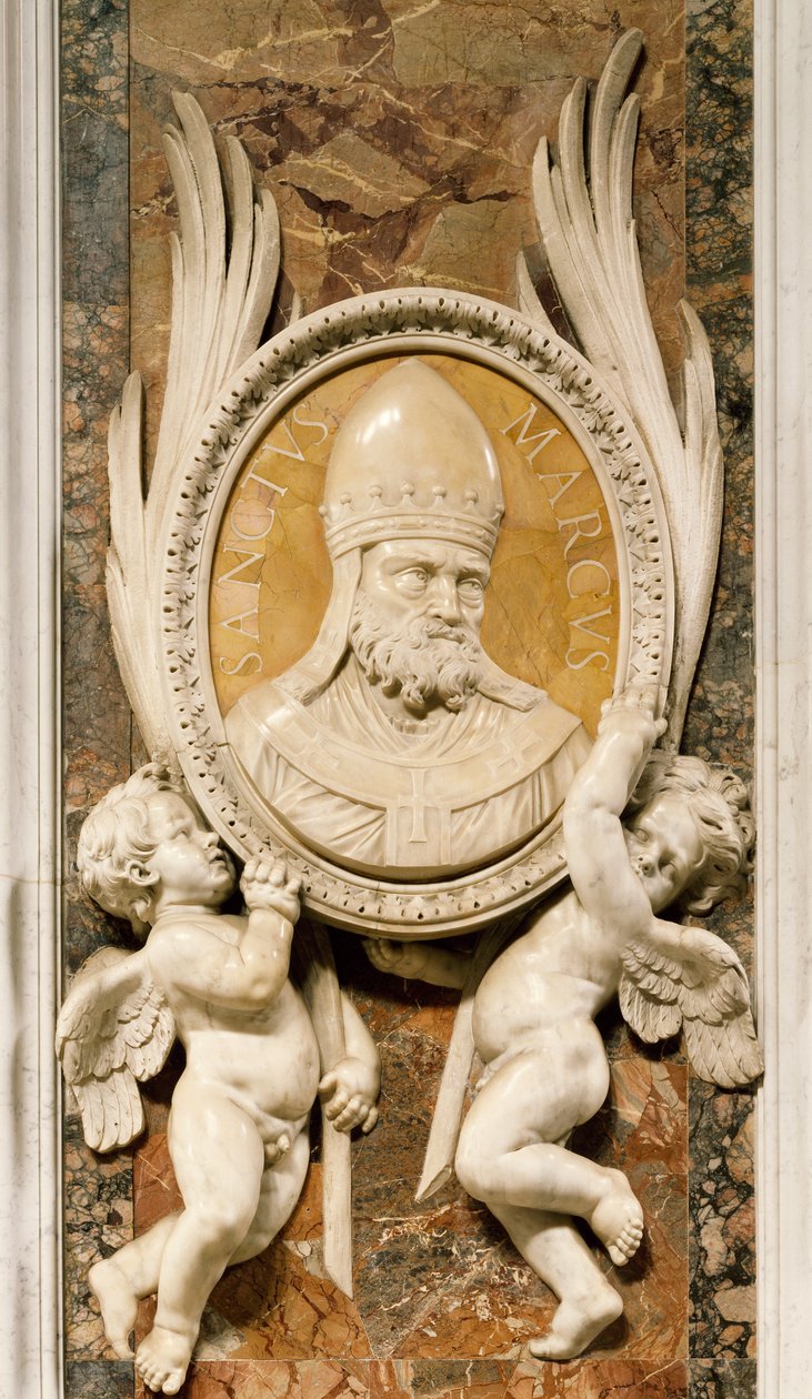 San Marco, Relief von Gian Lorenzo Bernini, Detail der Marmordekoration entlang der Säulen des Hauptschiffs, Petersdom, Rom, Vatikanstadt von Gian Lorenzo Bernini