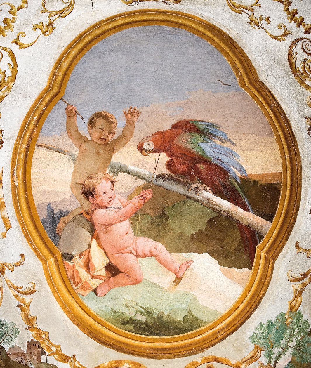 Putti mit einem Papagei, aus dem Putti-Raum in der Foresteria (Gästehaus) 1757 von Giovanni Domenico Tiepolo