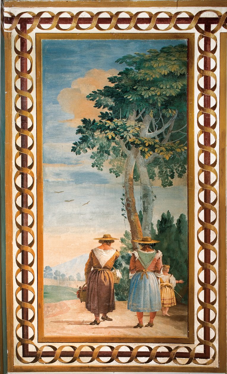 Drei Bauern von hinten gesehen, aus dem Raum der ländlichen Szenen, in der Foresteria, 1757 von Giovanni Domenico Tiepolo