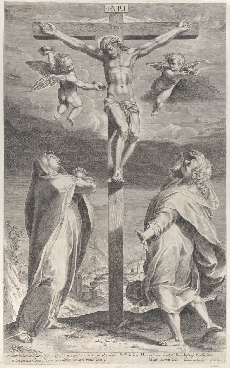 Kreuzigung mit der Jungfrau Maria und dem Heiligen Johannes dem Evangelisten, Engel darüber, ca. 1593 von Gijsbert Van Veen