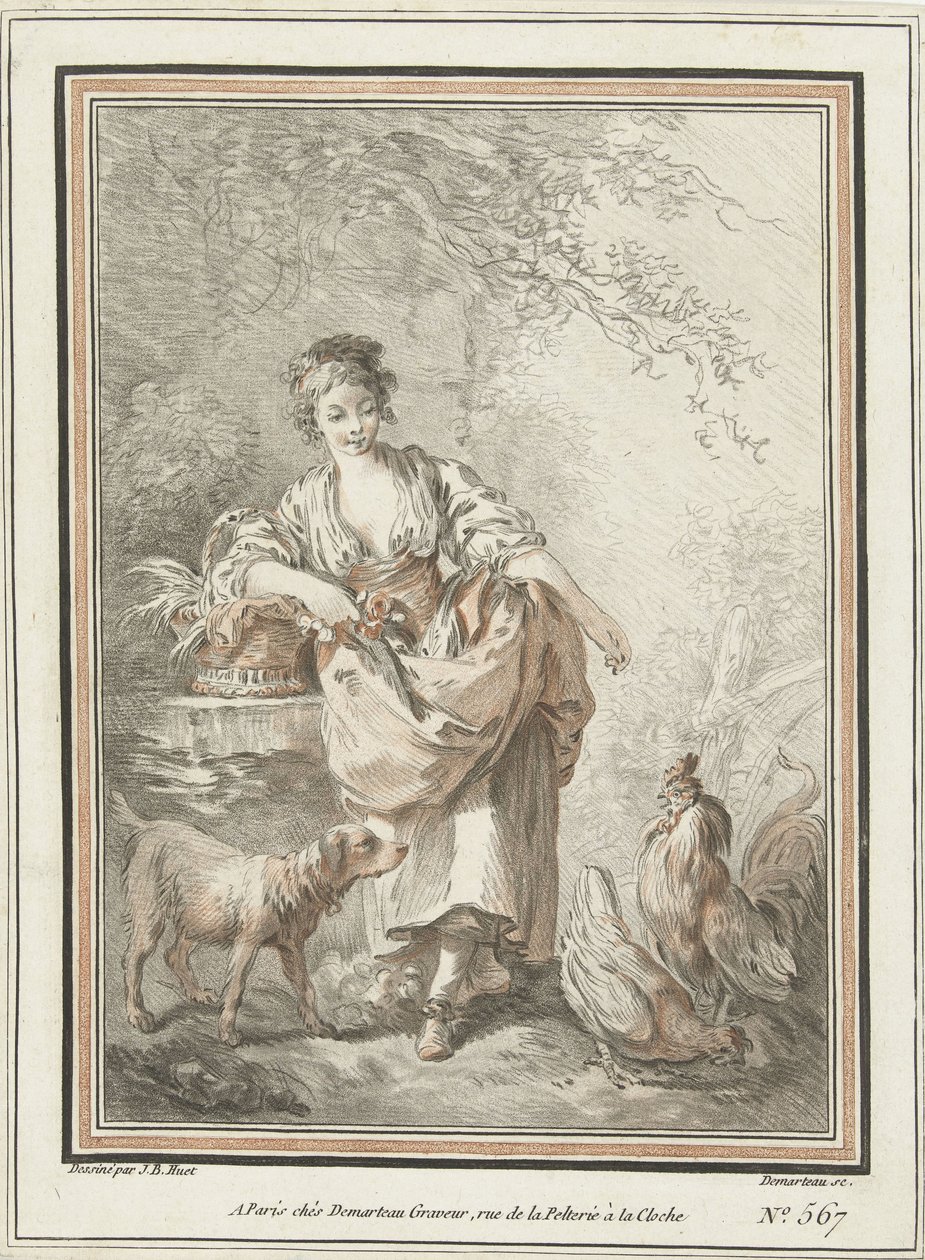 Junge Frau mit Hund und Hahn und Henne von Gilles Demarteau