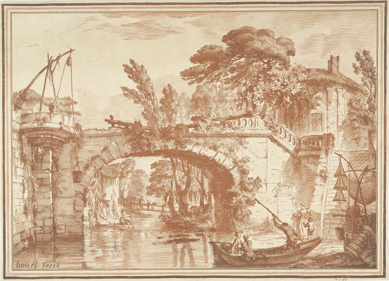 Südliche Landschaft mit Brücke und Häusern am Fluss von Gilles Demarteau