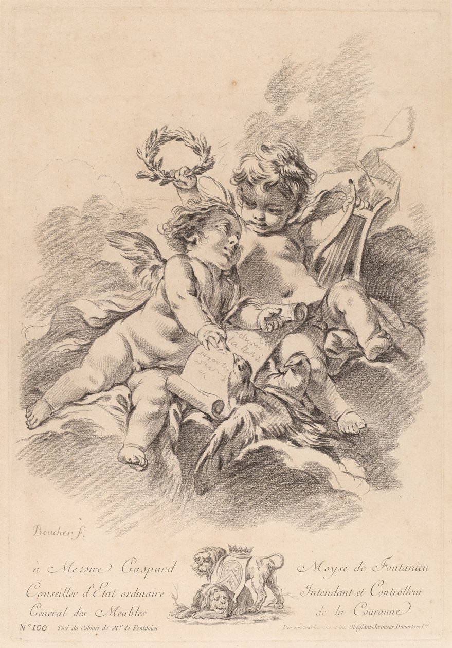 Allegorie der Musik mit zwei Putten und Tauben von Gilles Demarteau the Elder after François Boucher