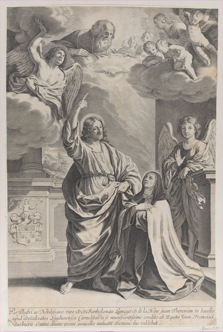 Heilige Theresa betet neben Christus, der auf Gott den Vater zeigt von Gilles Rousselet