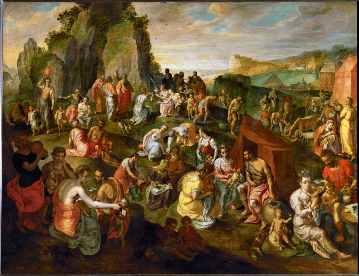 Moses schlägt Wasser aus dem Felsen von Gillis Mostaert