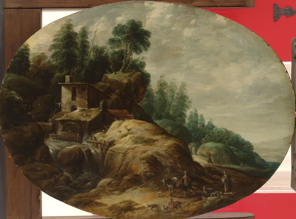 Wassermühle bei einem bewaldeten Felsvorsprung von Gillis Peeters