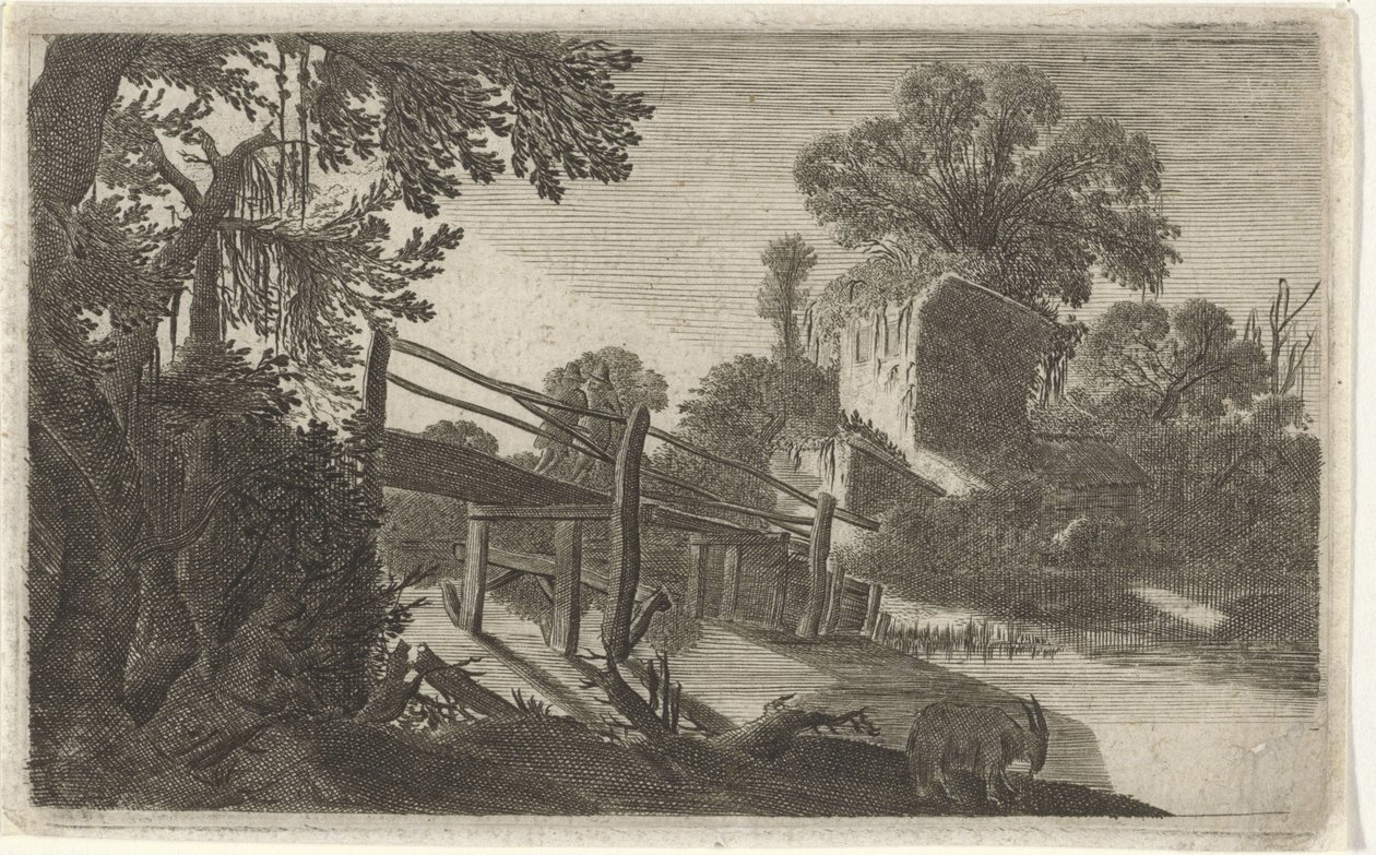 Holzbrücke bei einer Ruine (Sechs Landschaften) von Gillis van Scheyndel (I)