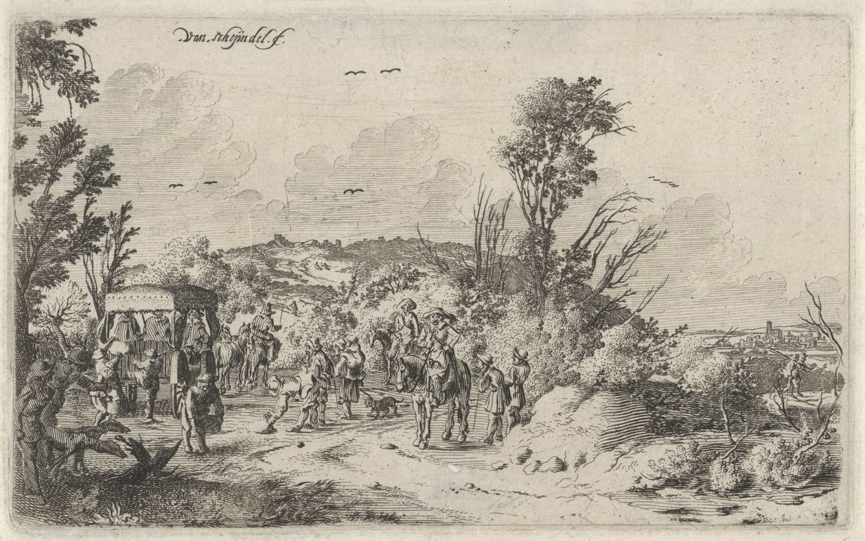 Kutsche und Reiter auf einem Landweg von Gillis van Scheyndel (I)