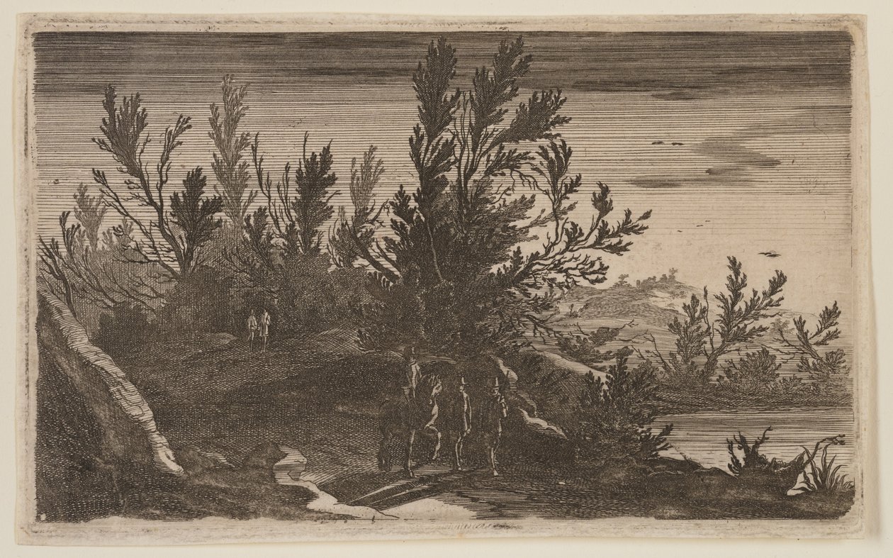 Reiter auf einem bewaldeten Pfad links vom Teich, aus Sechs Landschaften von Gillis van Scheyndel