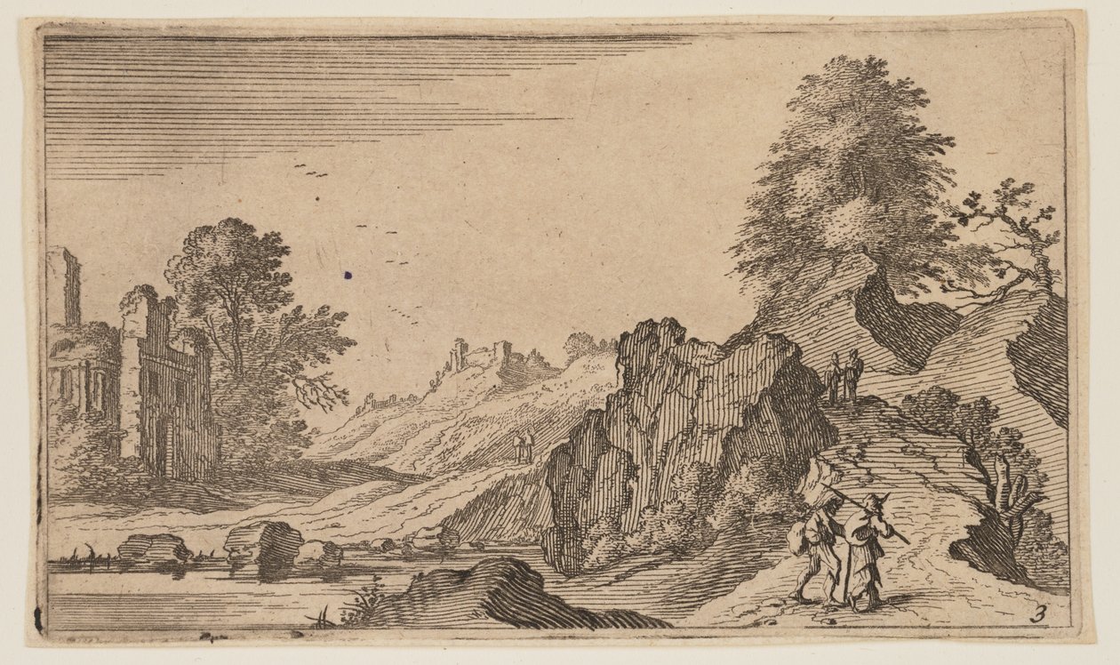 Drei Fußgänger auf einer Holzbrücke über einen Bach, aus Zwölf Landschaften von Gillis van Scheyndel