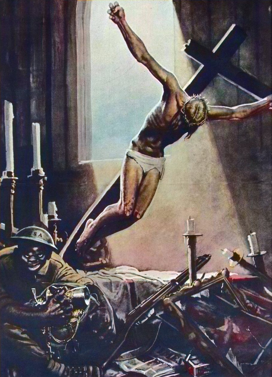 Anti-Amerikanisches WWII-Poster - Schwarzer Amerikaner plündert Kirche - Poster von Gino Boccasile (1901-1952) - Italienische Propaganda Anti-USA 1943 - Poster von Gino Boccasile (1901-1952) von Gino Boccasile