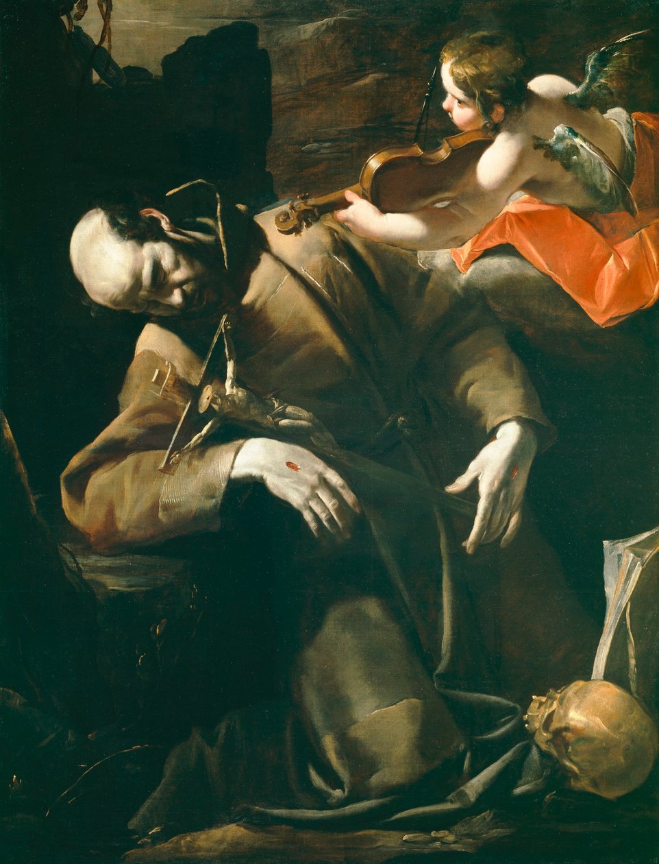 Der heilige Franziskus von Assisi in Ekstase vor einem Cherub mit einer Violine von Gioacchino Assereto