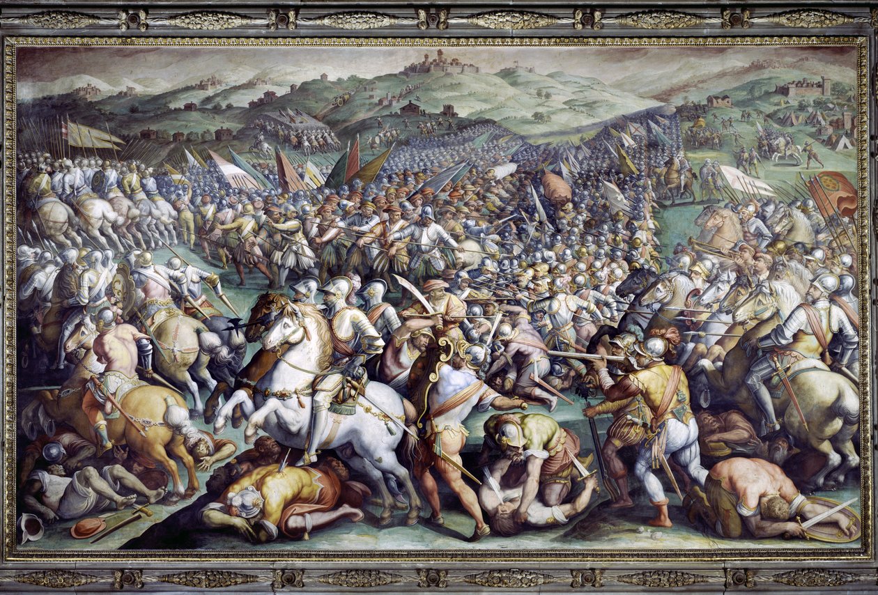 Schlacht von Scannagallo in Valdichiana (Val di Chiana). Fresko von Giorgio Vasari und seinem Atelier (1511-1574). Palazzo Vecchio (Salone dei Cinquecento) von Giorgio (and workshop) Vasari