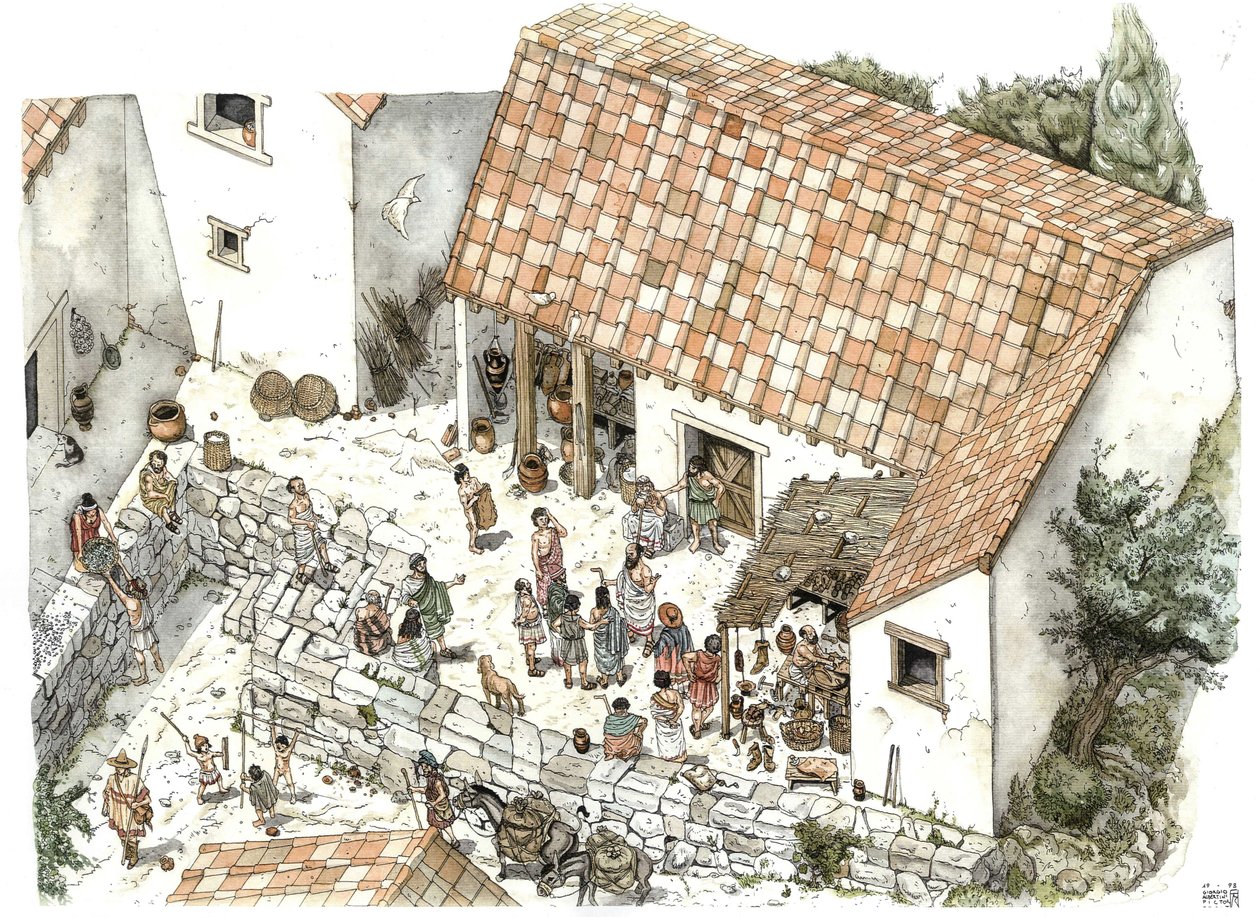 Antikes Griechenland: Rekonstruktion der Werkstatt eines Schusters in Athen im 5. Jahrhundert v. Chr.: Der Philosoph Sokrates ist dort im Gespräch mit seinen Mitbürgern dargestellt. Illustration von Giorgio Albertini. von Giorgio Albertini