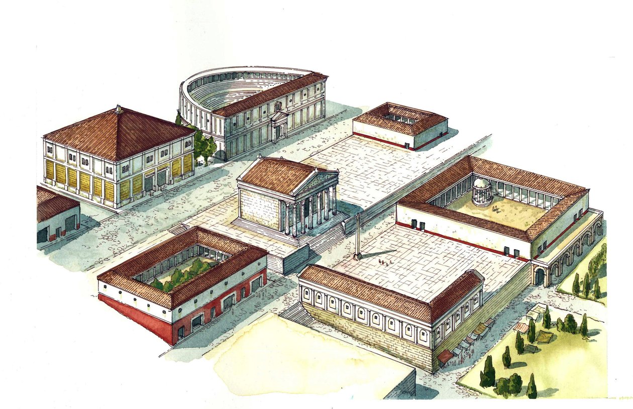 Antikes Rom: Rekonstruktion des Zentrums der Stadt Neapel mit dem Amphitheater, dem Tempel. Italien von Giorgio Albertini