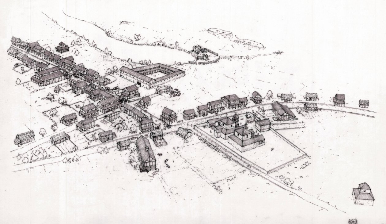 Antikes Rom: Rekonstruktion eines Dorfes in römischem Britannien (Britannia oder Insel Britannien) im 2. Jahrhundert. Illustration von Giorgio Albertini von Giorgio Albertini