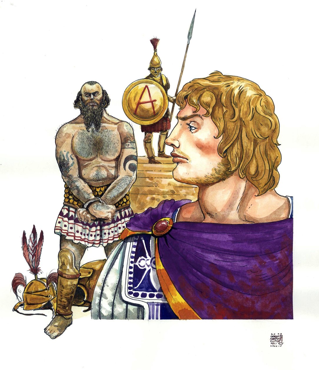 Antike: der König von Makedonien Alexander der Große, hinter ihm phönizische Piraten, deren Flotten er um 332 v. Chr. zerstörte von Giorgio Albertini