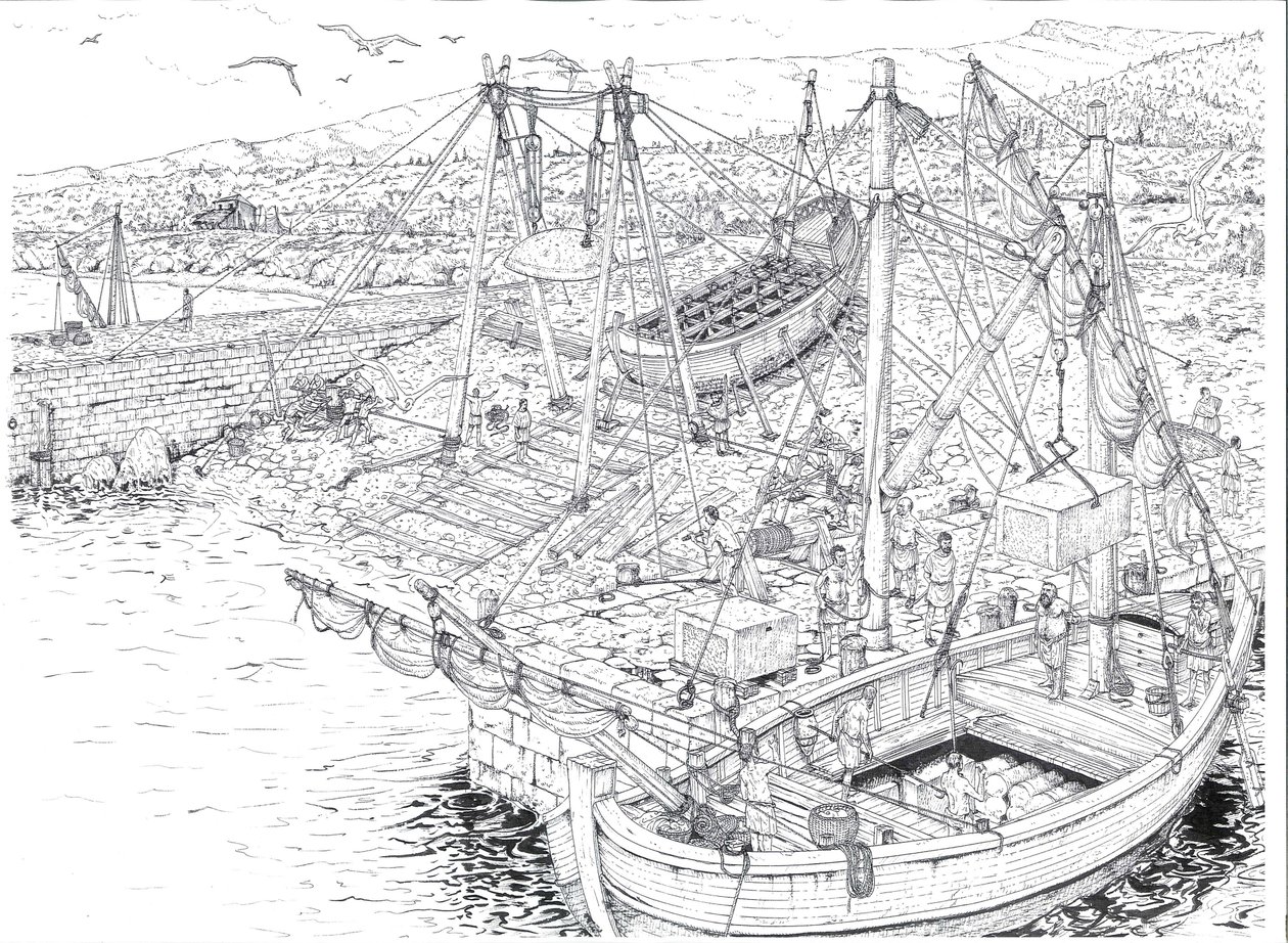Antike: der Transport von Marmor wahrscheinlich aus den Steinbrüchen von Carrara. 2. Jahrhundert n. Chr. Italien. Illustration von Giorgio Albertini von Giorgio Albertini