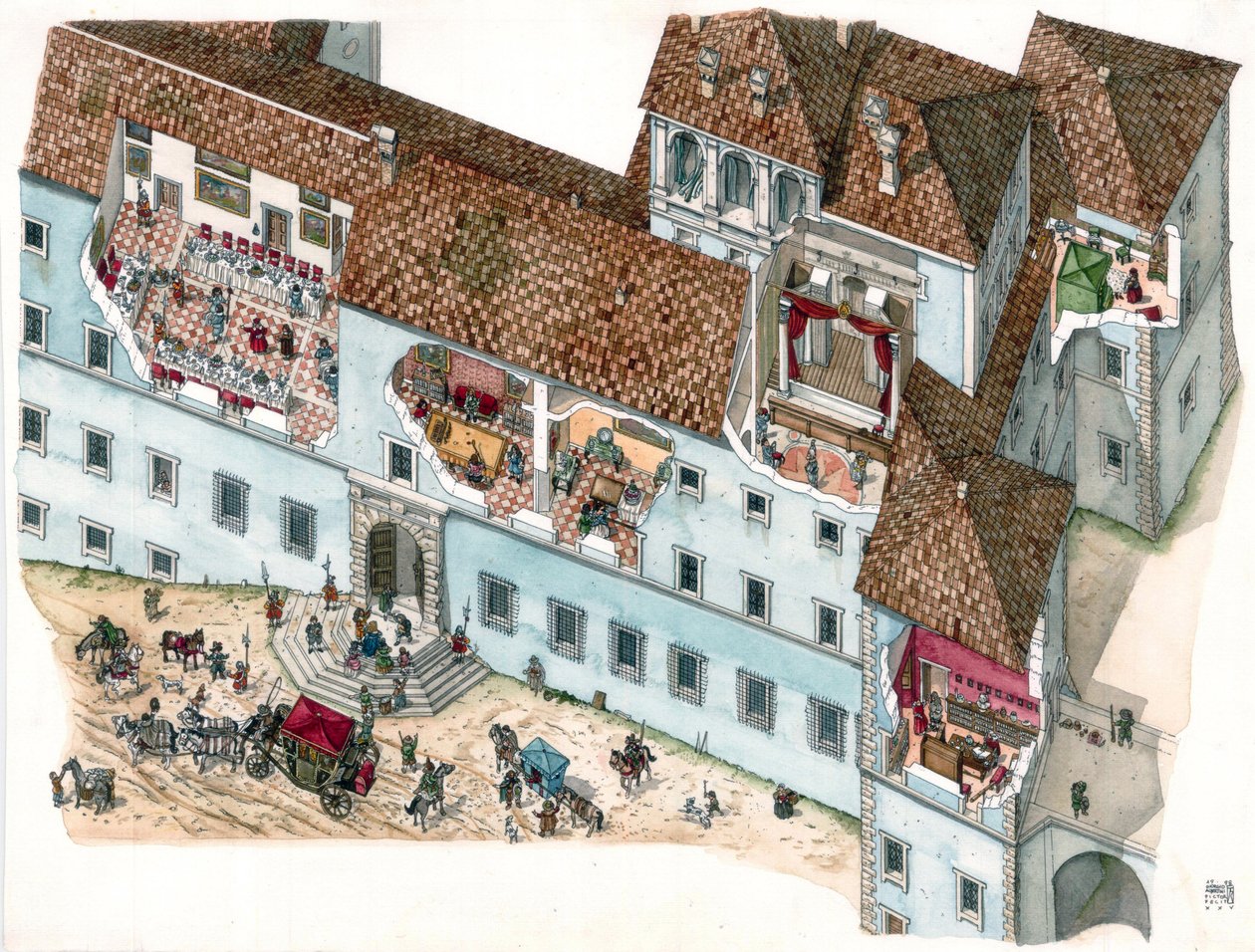 Barockkunst: Ansicht und architektonischer Schnitt des Palastes Chigi ...