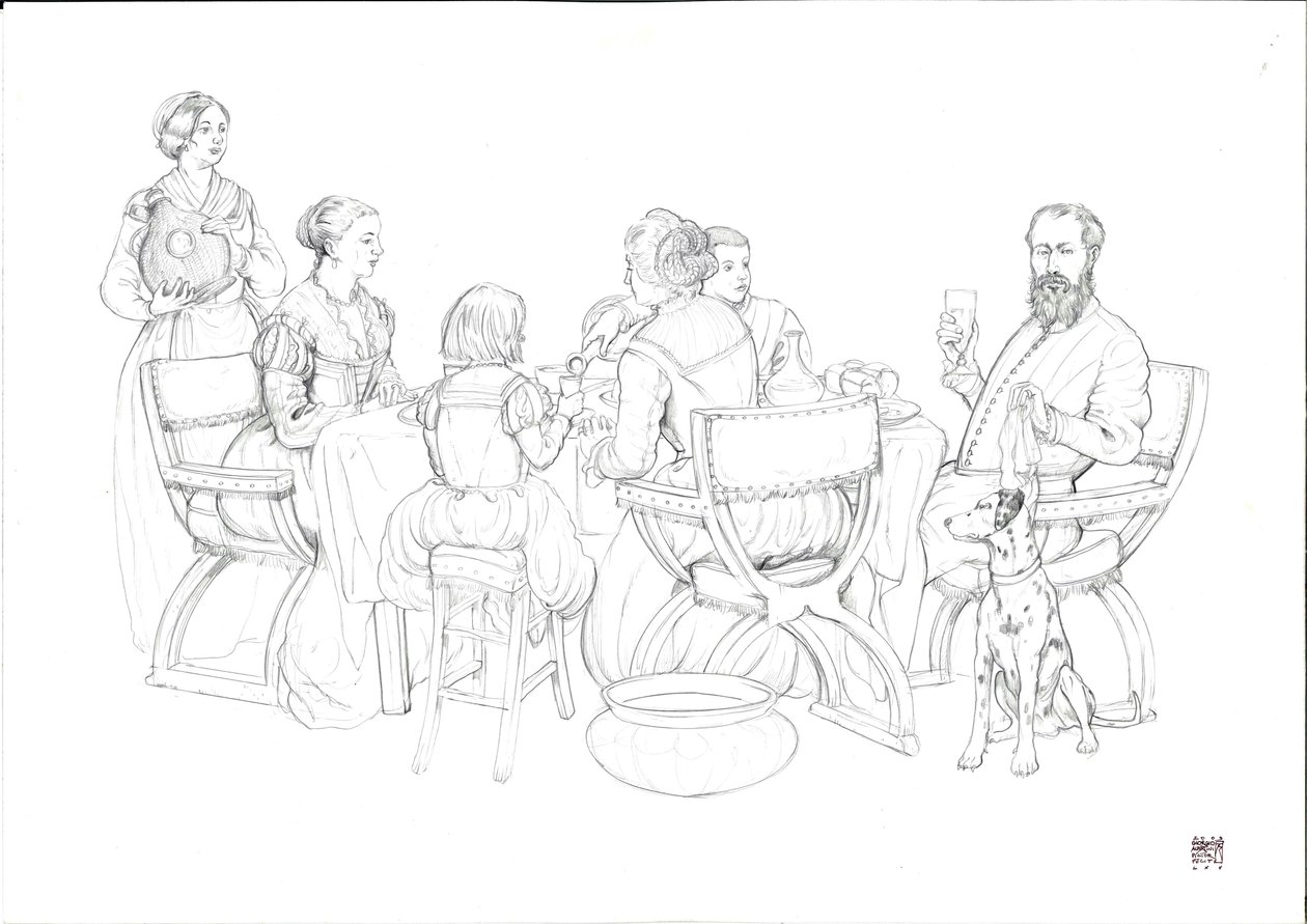 Alltagsleben Renaissance: Bürgerliche Familie bei einer Mahlzeit von Giorgio Albertini