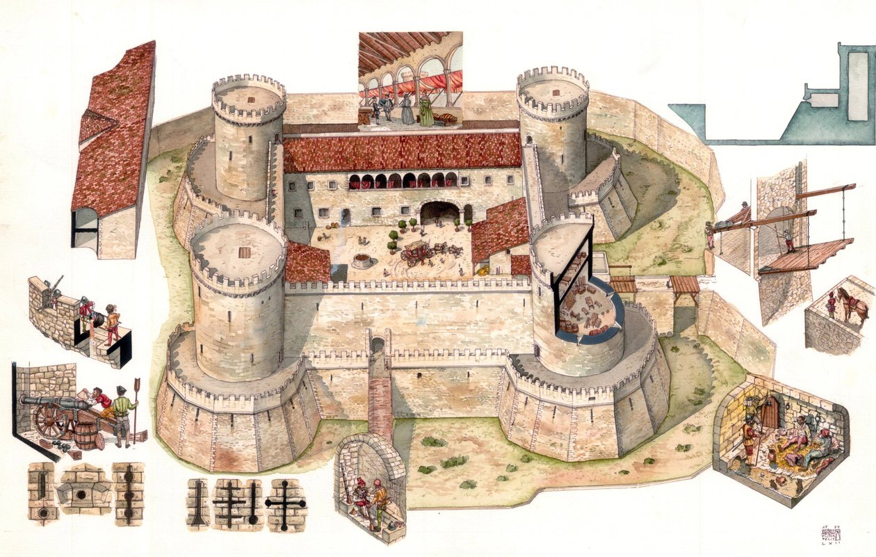 Detailansicht des aragonesischen Schlosses von Venosa, erbaut von Pirro del Balzo im Jahr 1470, nahe Potenza in Basilikata, Italien. Detailansichten zeigen Soldaten in Verteidigungsposition. von Giorgio Albertini