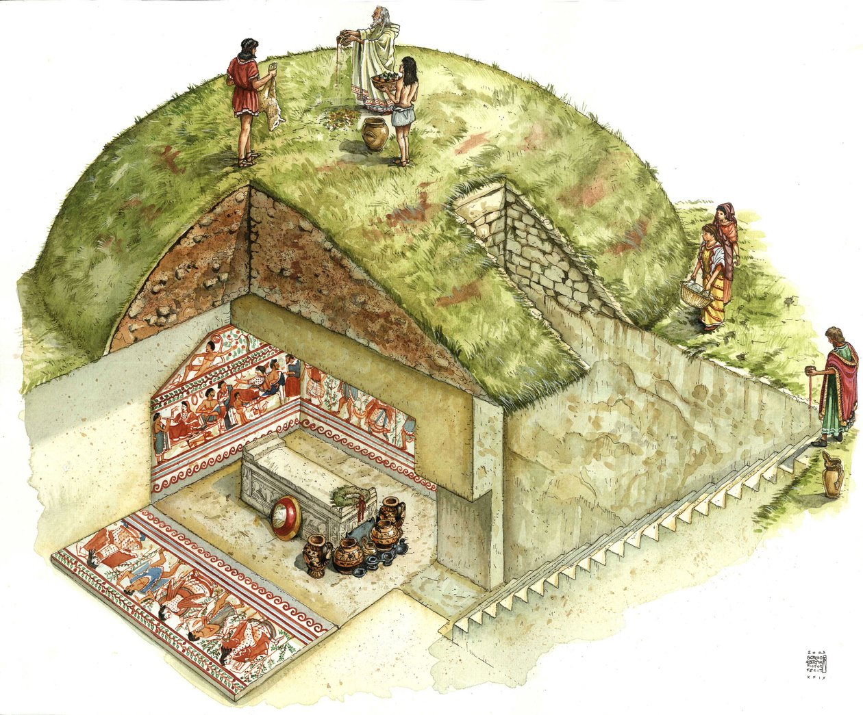 Etruskische Zivilisation: Rekonstruktion und Schnitt des Grabes von Triclinio, Nekropole von Tarquinia. 5. Jahrhundert v. Chr. Italien Illustration von Giorgio Albertini. von Giorgio Albertini