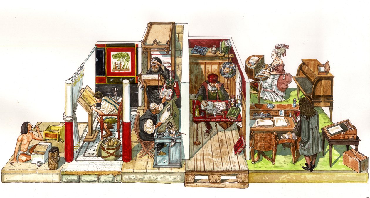 Entwicklung der Schreibkunst, Büros und Schriften: von links nach rechts, ein Schreiber im alten Ägypten, die Antike, dann das mittelalterliche Skriptorium (Kopistenmönch), ein Entdecker-Navigator in seinem Büro, ein Büro im Stil von Louis XIV (17. Jahrhu von Giorgio Albertini